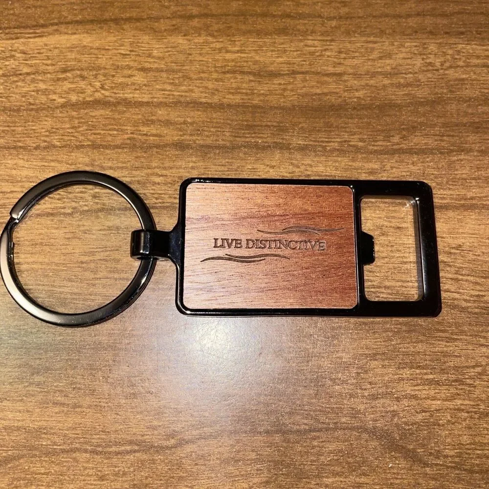 New In Box Dark Bronze Bottle Opener Key Ring Wood Inset Live Distinctive